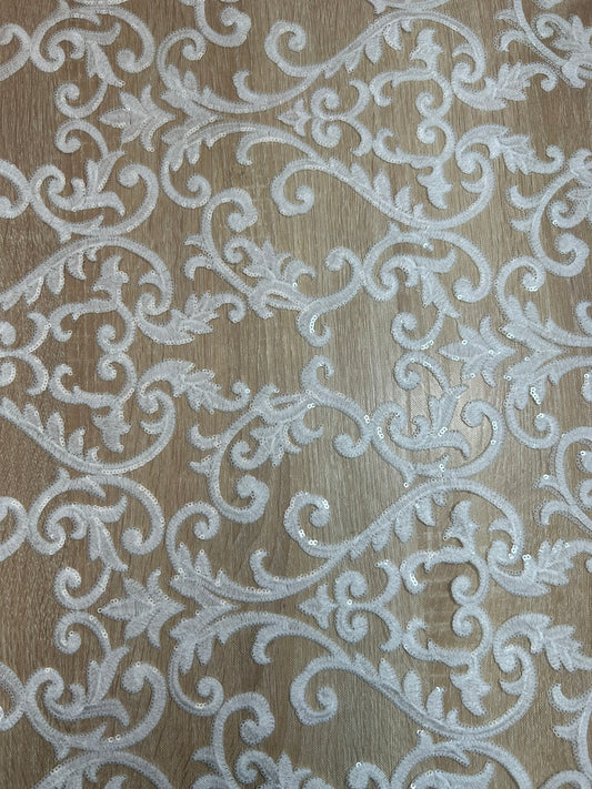 Tul Bordado Blanco Damasco con Lentejuelas