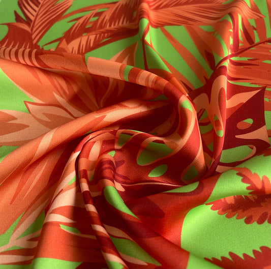 Seda Italiana Tropical Verde Pistacho Follaje Naranja