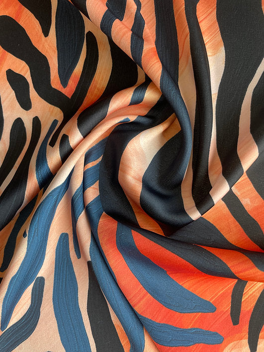 Seda Italiana Estampado Cebra Azul Hortensia Naranja