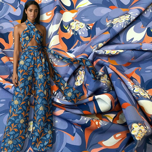 Seda Francesa Azul Hortensia con Naranja y Salmón
