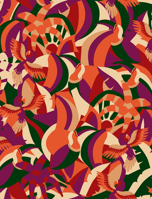Seda Francesa  Estampado "Ave del Paraíso Tropical"