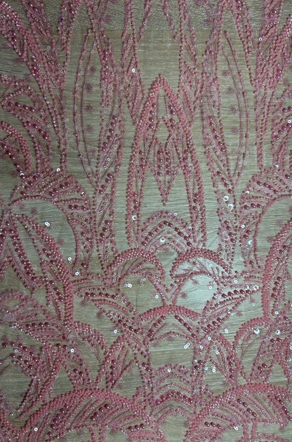 Tul Bordado Rosa con Mostacilla y Perlas en Motivo de Helechos