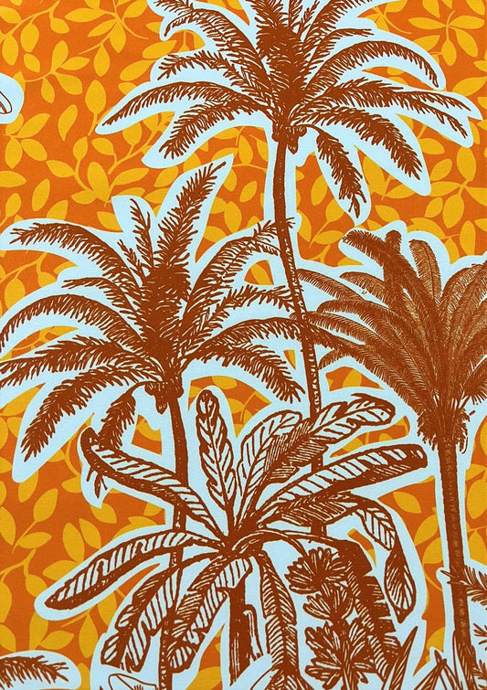 Seda Francesa Palmeras Estilo Grabado — Naranja y Celeste