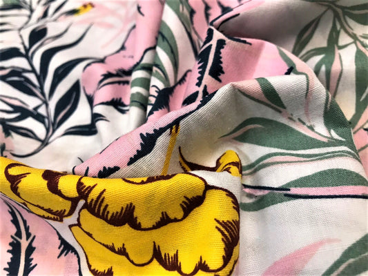 Popelina Stretch Tropical Beige con Hojas Rosa y Verde