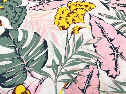 Popelina Stretch Tropical Beige con Hojas Rosa y Verde