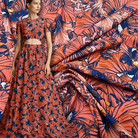 Seda Francesa Estampado Floral -  Azul Oscuro con Flores Rojas