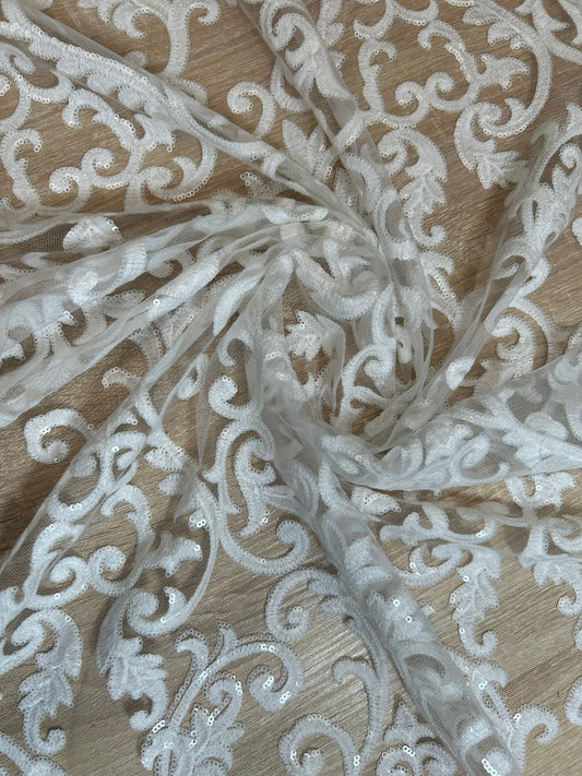 Tul Bordado Blanco Damasco con Lentejuelas