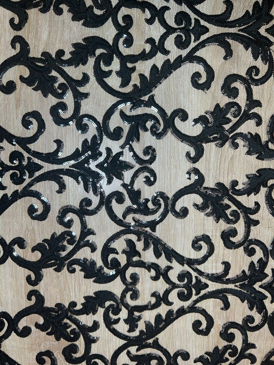 Tul Bordado Negro Damasco con Lentejuelas