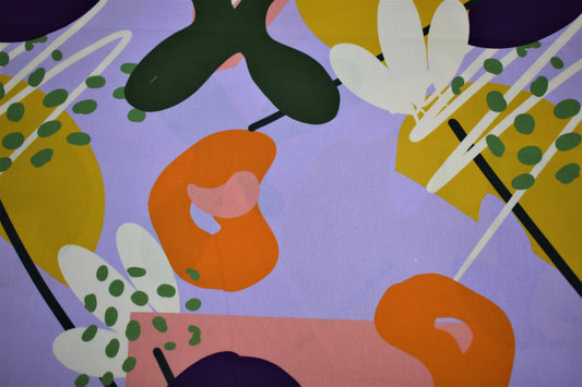 Popelina Estampado Frutal Abstracto Lila, Mostaza y Naranja