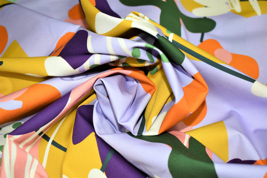 Popelina Estampado Frutal Abstracto Lila, Mostaza y Naranja